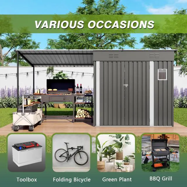 Alt view image 6 of 7 - Outdoor Storage Shed with Windows and Metal Frame for Poolside, Backyard, Lawn, Shed Tool House with Sloping Roof and 2 Vents & 1 Side Open Door for Garden, Balcony (Gray + 4 * 12FT)