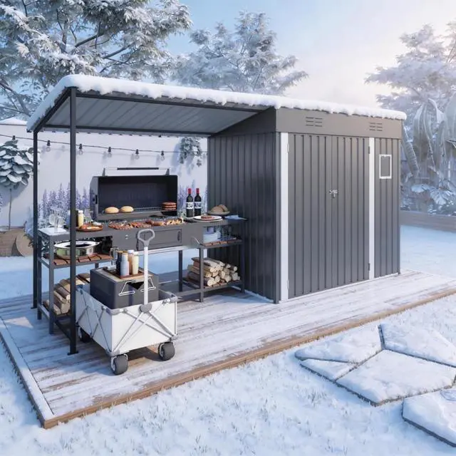 Alt view image 3 of 7 - Outdoor Storage Shed with Windows and Metal Frame for Poolside, Backyard, Lawn, Shed Tool House with Sloping Roof and 2 Vents & 1 Side Open Door for Garden, Balcony (Gray + 4 * 12FT)