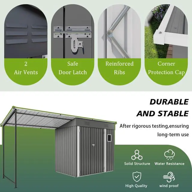 Alt view image 7 of 7 - Outdoor Storage Shed with Windows and Metal Frame for Poolside, Backyard, Lawn, Shed Tool House with Sloping Roof and 2 Vents & 1 Side Open Door for Garden, Balcony (Gray + 4 * 12FT)