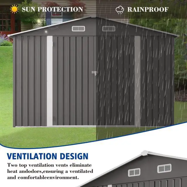 Alt view image 3 of 7 - Outdoor Storage Shed with Windows and Metal Frame for Poolside, Backyard, Lawn, Shed Tool House with Sloping Roof and 2 Vents & 1 Side Open Door for Garden, Balcony (10x8FT+Gray)