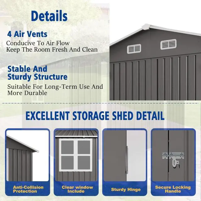 Alt view image 4 of 7 - Outdoor Storage Shed with Windows and Metal Frame for Poolside, Backyard, Lawn, Shed Tool House with Sloping Roof and 2 Vents & 1 Side Open Door for Garden, Balcony (10x8FT+Gray)