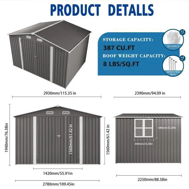 Alt view image 7 of 7 - Outdoor Storage Shed with Windows and Metal Frame for Poolside, Backyard, Lawn, Shed Tool House with Sloping Roof and 2 Vents & 1 Side Open Door for Garden, Balcony (10x8FT+Gray)