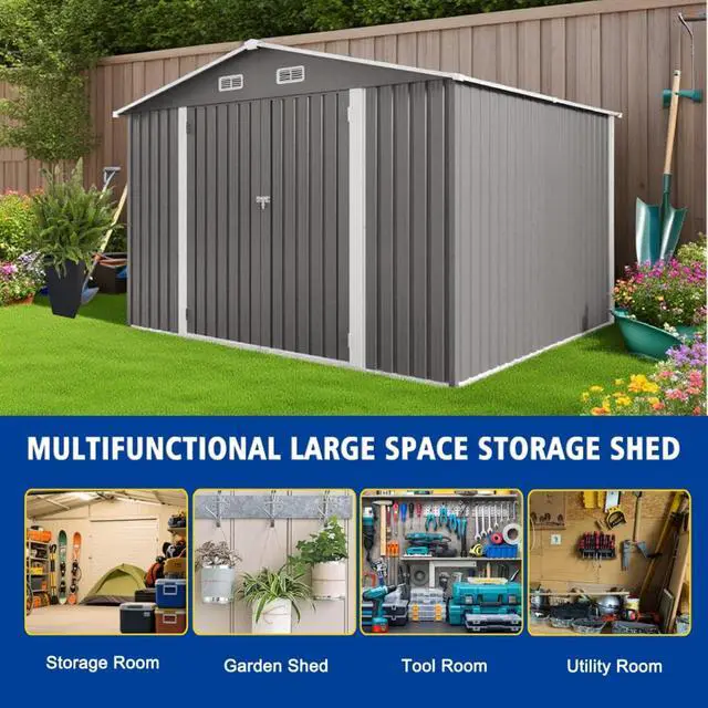 Alt view image 5 of 7 - Outdoor Storage Shed with Windows and Metal Frame for Poolside, Backyard, Lawn, Shed Tool House with Sloping Roof and 2 Vents & 1 Side Open Door for Garden, Balcony (10x8FT+Gray)