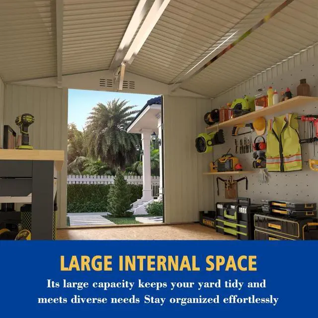 Alt view image 6 of 7 - Outdoor Storage Shed with Windows and Metal Frame for Poolside, Backyard, Lawn, Shed Tool House with Sloping Roof and 2 Vents & 1 Side Open Door for Garden, Balcony (10x8FT+Gray)
