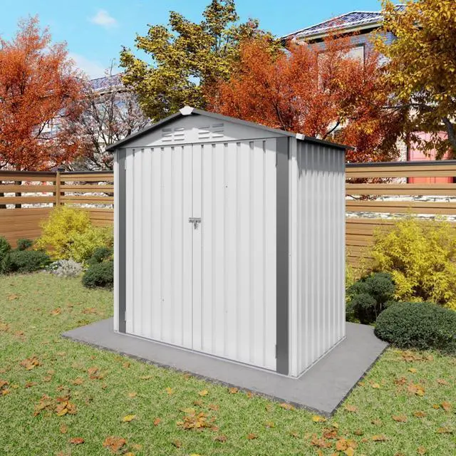 Alt view image 2 of 7 - Outdoor Storage Shed with Windows and Metal Frame for Poolside, Backyard, Lawn, Shed Tool House with Sloping Roof and 2 Vents & 1 Side Open Door for Garden, Balcony (6x3.6FT+White)