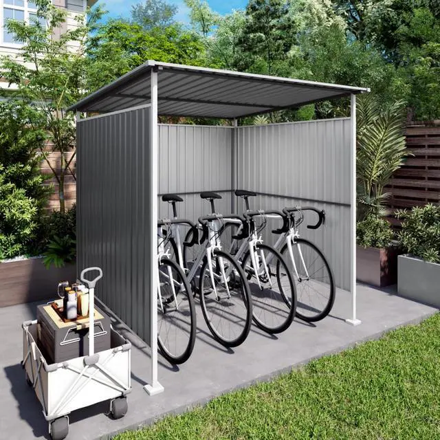 Alt view image 2 of 7 - Outdoor Storage Shed with Windows and Metal Frame for Poolside, Backyard, Lawn, Shed Tool House with Sloping Roof and 2 Vents & 1 Side Open Door for Garden, Balcony (Gray +6 * 6FT)