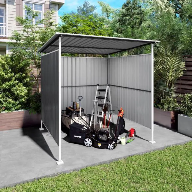 Alt view image 4 of 7 - Outdoor Storage Shed with Windows and Metal Frame for Poolside, Backyard, Lawn, Shed Tool House with Sloping Roof and 2 Vents & 1 Side Open Door for Garden, Balcony (Gray +6 * 6FT)