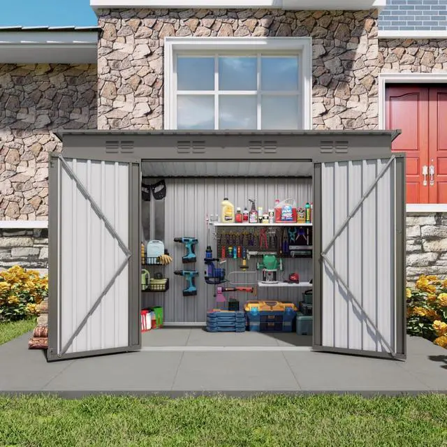 Alt view image 2 of 7 - Outdoor Storage Shed with Windows and Metal Frame for Poolside, Backyard, Lawn, Shed Tool House with Sloping Roof and 2 Vents & 1 Side Open Door for Garden, Balcony (4x9FT)