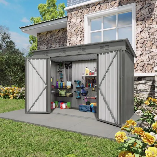 Main image of Outdoor Storage Shed with Windows and Metal Frame for Poolside, Backyard, Lawn, Shed Tool House with Sloping Roof and 2 Vents & 1 Side Open Door for Garden, Balcony (4x9FT)