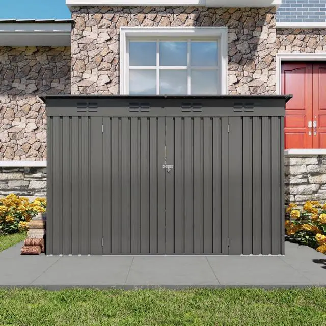 Alt view image 3 of 7 - Outdoor Storage Shed with Windows and Metal Frame for Poolside, Backyard, Lawn, Shed Tool House with Sloping Roof and 2 Vents & 1 Side Open Door for Garden, Balcony (4x9FT)