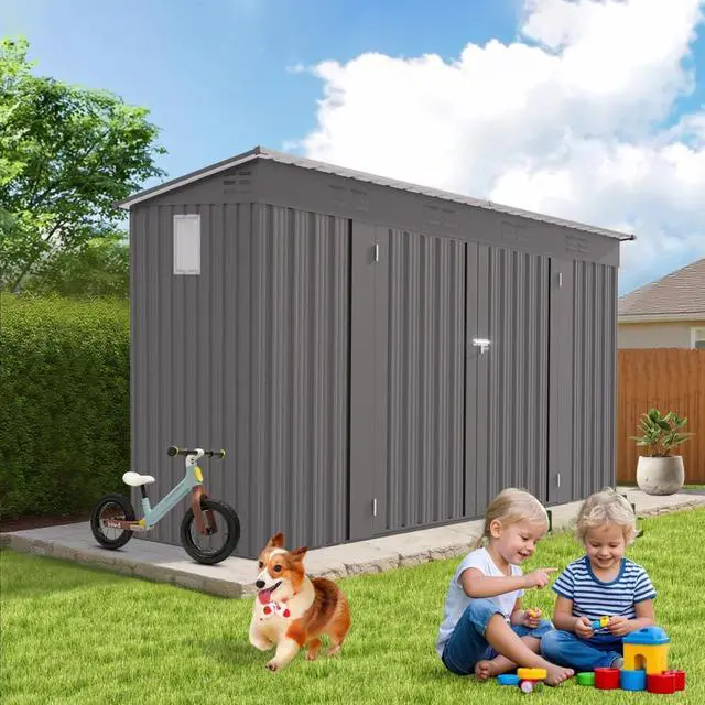 Alt view image 4 of 7 - Outdoor Storage Shed with Windows and Metal Frame for Poolside, Backyard, Lawn, Shed Tool House with Sloping Roof and 2 Vents & 1 Side Open Door for Garden, Balcony (4x9FT)