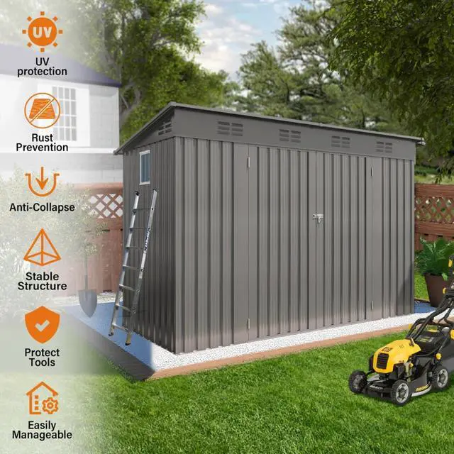 Alt view image 6 of 7 - Outdoor Storage Shed with Windows and Metal Frame for Poolside, Backyard, Lawn, Shed Tool House with Sloping Roof and 2 Vents & 1 Side Open Door for Garden, Balcony (4x9FT)