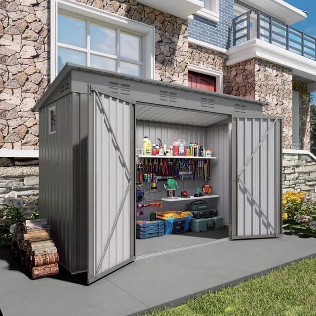 Alt view image 7 of 7 - Outdoor Storage Shed with Windows and Metal Frame for Poolside, Backyard, Lawn, Shed Tool House with Sloping Roof and 2 Vents & 1 Side Open Door for Garden, Balcony (4x9FT)