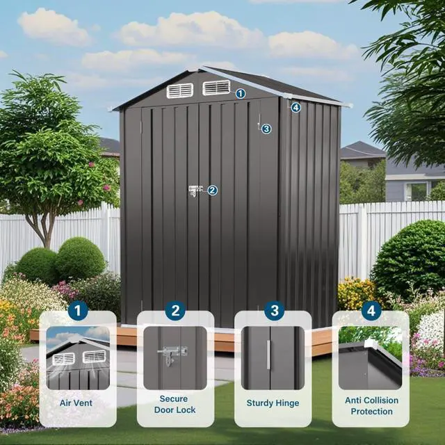 Alt view image 3 of 7 - Outdoor Storage Shed with Windows and Metal Frame for Poolside, Backyard, Lawn, Shed Tool House with Sloping Roof and 2 Vents & 1 Side Open Door for Garden, Balcony (5x3FT+Peaked roof)