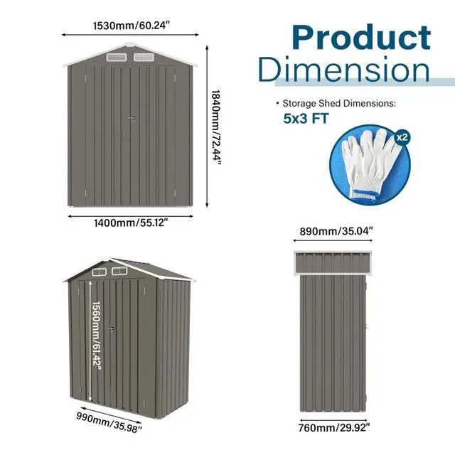 Alt view image 6 of 7 - Outdoor Storage Shed with Windows and Metal Frame for Poolside, Backyard, Lawn, Shed Tool House with Sloping Roof and 2 Vents & 1 Side Open Door for Garden, Balcony (5x3FT+Peaked roof)