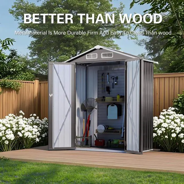 Alt view image 5 of 7 - Outdoor Storage Shed with Windows and Metal Frame for Poolside, Backyard, Lawn, Shed Tool House with Sloping Roof and 2 Vents & 1 Side Open Door for Garden, Balcony (5x3FT+Peaked roof)