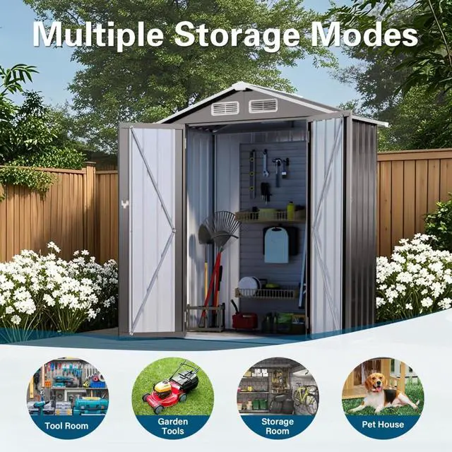Alt view image 4 of 7 - Outdoor Storage Shed with Windows and Metal Frame for Poolside, Backyard, Lawn, Shed Tool House with Sloping Roof and 2 Vents & 1 Side Open Door for Garden, Balcony (5x3FT+Peaked roof)