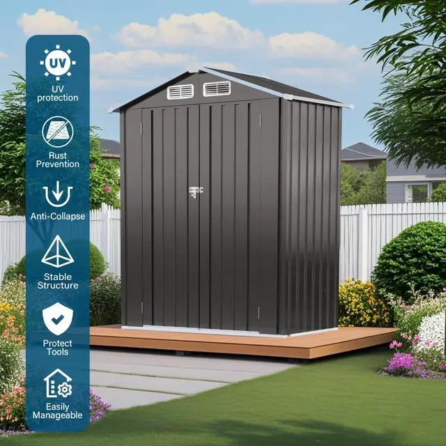 Alt view image 7 of 7 - Outdoor Storage Shed with Windows and Metal Frame for Poolside, Backyard, Lawn, Shed Tool House with Sloping Roof and 2 Vents & 1 Side Open Door for Garden, Balcony (5x3FT+Peaked roof)