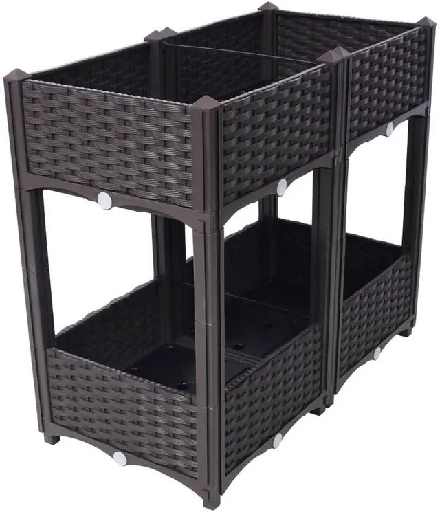 Alt view image 2 of 7 - Double Layer Planter Raised Beds with Drainage Plug and Drainage Hole for Poolside, Backyard, Lawn, Outdoor Standing Planter Beds with Rattan-Like Look for Flowers, Vegetables (Brown + Big)