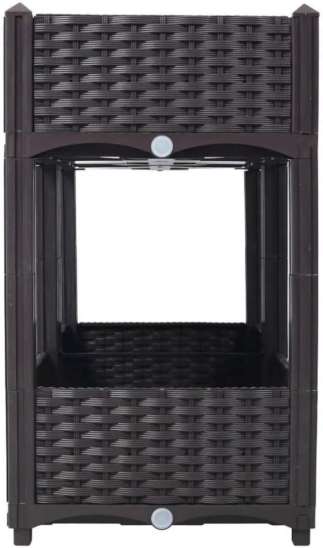 Alt view image 4 of 7 - Double Layer Planter Raised Beds with Drainage Plug and Drainage Hole for Poolside, Backyard, Lawn, Outdoor Standing Planter Beds with Rattan-Like Look for Flowers, Vegetables (Brown + Big)