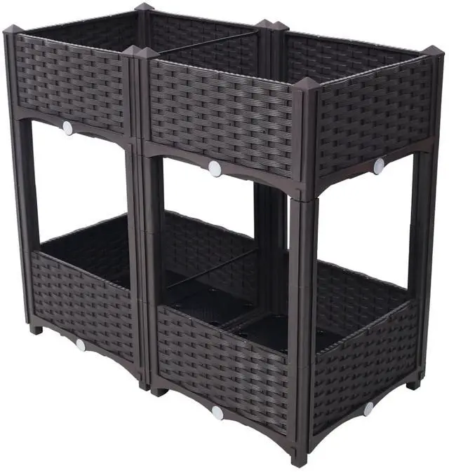 Main image of Double Layer Planter Raised Beds with Drainage Plug and Drainage Hole for Poolside, Backyard, Lawn, Outdoor Standing Planter Beds with Rattan-Like Look for Flowers, Vegetables (Brown + Big)