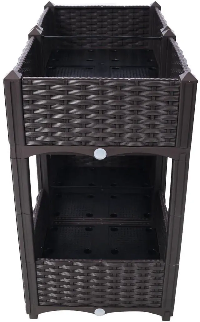 Alt view image 5 of 7 - Double Layer Planter Raised Beds with Drainage Plug and Drainage Hole for Poolside, Backyard, Lawn, Outdoor Standing Planter Beds with Rattan-Like Look for Flowers, Vegetables (Brown + Big)