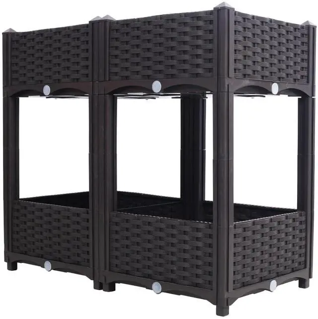 Alt view image 6 of 7 - Double Layer Planter Raised Beds with Drainage Plug and Drainage Hole for Poolside, Backyard, Lawn, Outdoor Standing Planter Beds with Rattan-Like Look for Flowers, Vegetables (Brown + Big)