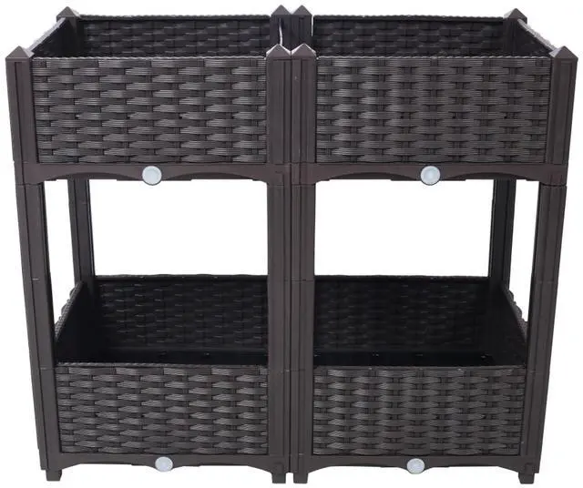 Alt view image 7 of 7 - Double Layer Planter Raised Beds with Drainage Plug and Drainage Hole for Poolside, Backyard, Lawn, Outdoor Standing Planter Beds with Rattan-Like Look for Flowers, Vegetables (Brown + Big)