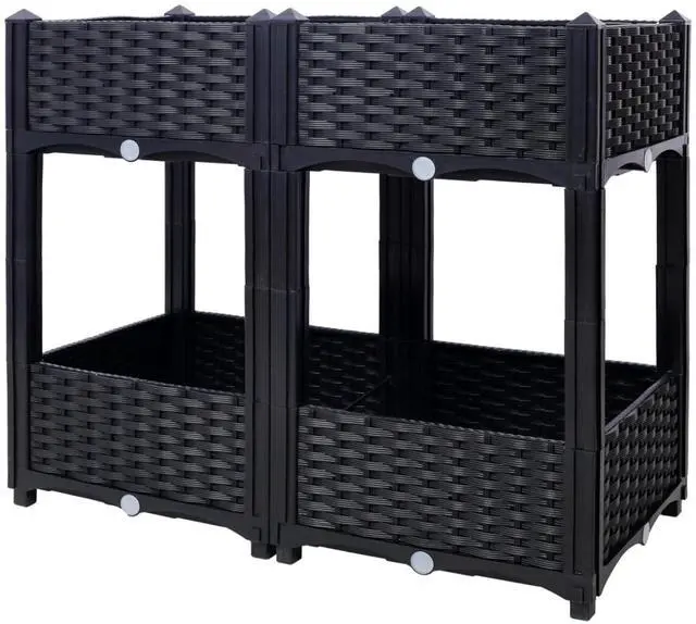 Main image of Double Layer Planter Raised Beds with Drainage Plug and Drainage Hole for Poolside, Backyard, Lawn, Outdoor Standing Planter Beds with Rattan-Like Look for Flowers, Vegetables (Black + Big)