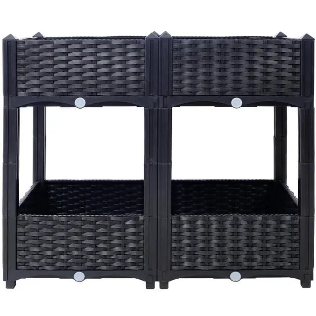 Alt view image 2 of 7 - Double Layer Planter Raised Beds with Drainage Plug and Drainage Hole for Poolside, Backyard, Lawn, Outdoor Standing Planter Beds with Rattan-Like Look for Flowers, Vegetables (Black + Big)