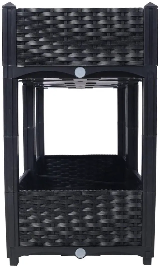 Alt view image 3 of 7 - Double Layer Planter Raised Beds with Drainage Plug and Drainage Hole for Poolside, Backyard, Lawn, Outdoor Standing Planter Beds with Rattan-Like Look for Flowers, Vegetables (Black + Big)