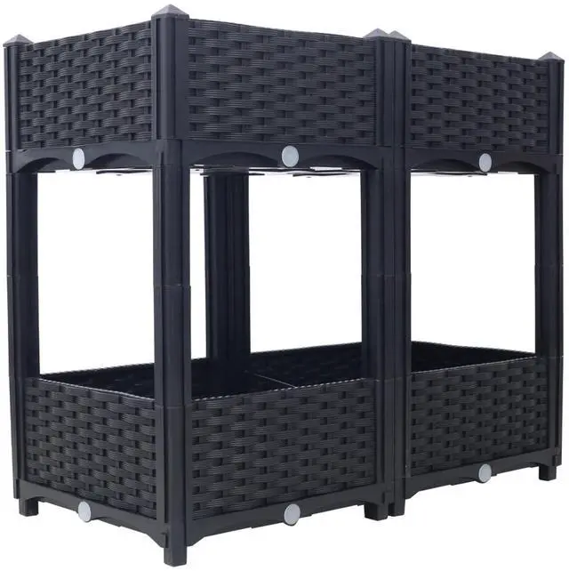Alt view image 4 of 7 - Double Layer Planter Raised Beds with Drainage Plug and Drainage Hole for Poolside, Backyard, Lawn, Outdoor Standing Planter Beds with Rattan-Like Look for Flowers, Vegetables (Black + Big)