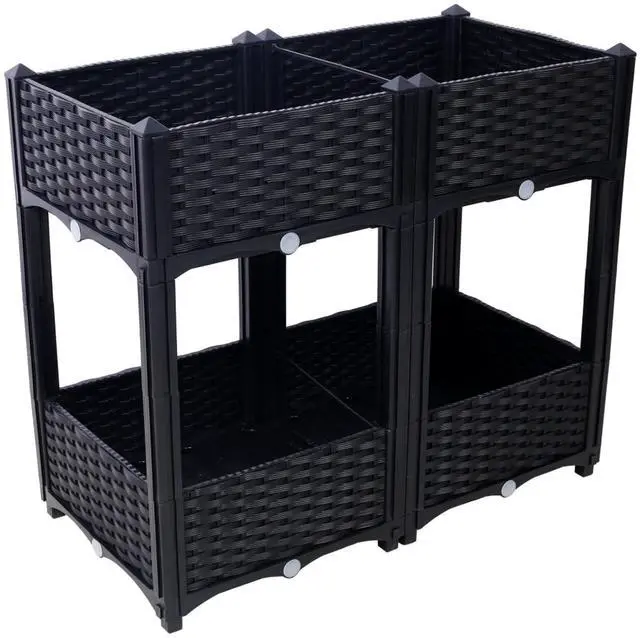 Alt view image 6 of 7 - Double Layer Planter Raised Beds with Drainage Plug and Drainage Hole for Poolside, Backyard, Lawn, Outdoor Standing Planter Beds with Rattan-Like Look for Flowers, Vegetables (Black + Big)