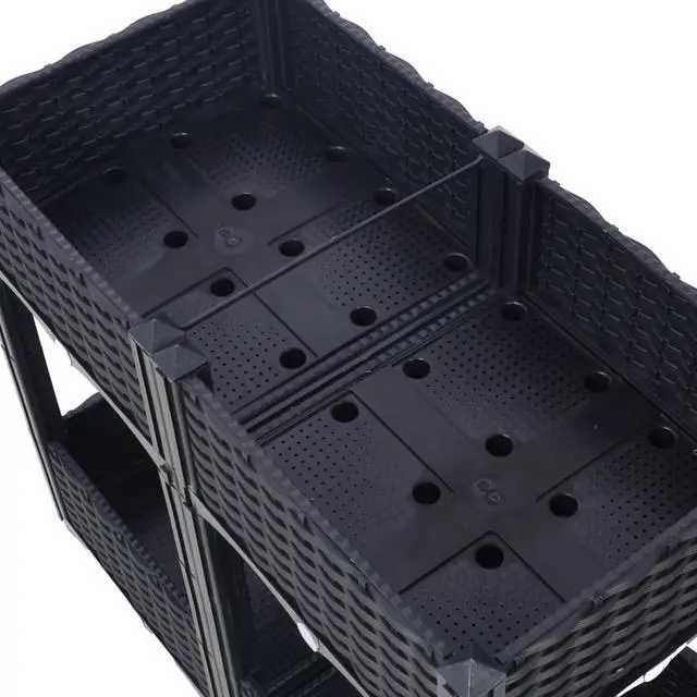 Alt view image 5 of 7 - Double Layer Planter Raised Beds with Drainage Plug and Drainage Hole for Poolside, Backyard, Lawn, Outdoor Standing Planter Beds with Rattan-Like Look for Flowers, Vegetables (Black + Big)