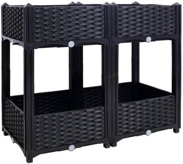 Alt view image 7 of 7 - Double Layer Planter Raised Beds with Drainage Plug and Drainage Hole for Poolside, Backyard, Lawn, Outdoor Standing Planter Beds with Rattan-Like Look for Flowers, Vegetables (Black + Big)