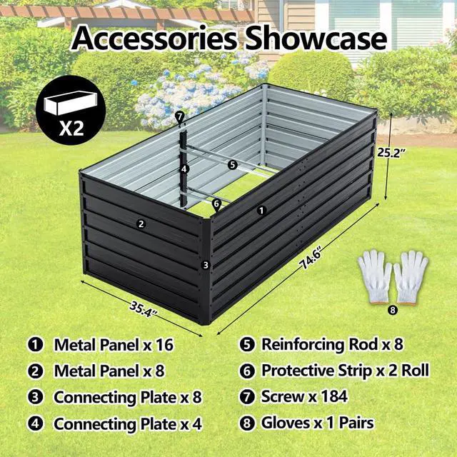 Alt view image 6 of 7 - Raised Garden Bed Kit with Open-Ended Base and 4 Reinforcing Rods for Park, Outdoor Metal Elevated Planter Box with Rustproof Steel Frame and Safety Edging for Flowers (2PCS:6x3x2FT+Black)