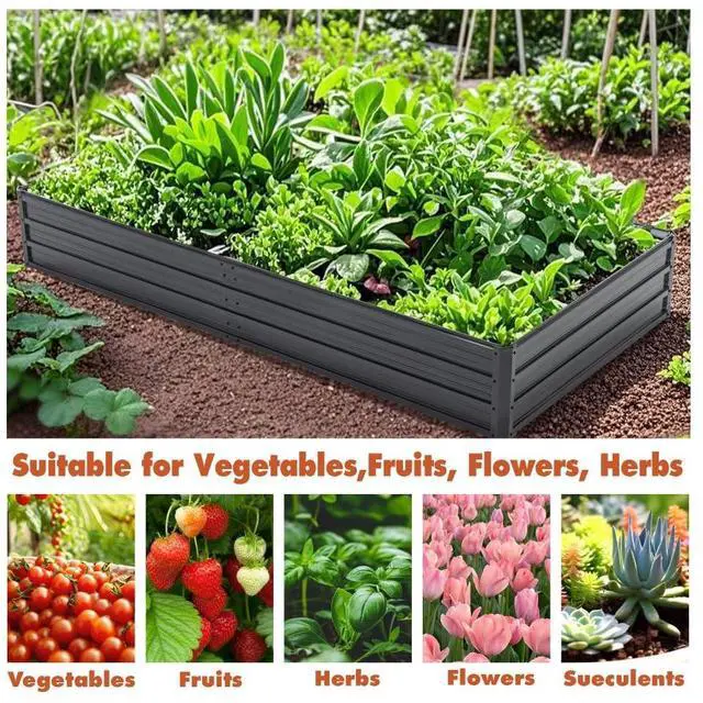 Alt view image 4 of 7 - Raised Garden Bed Kit with Open-Ended Base and 4 Reinforcing Rods for Park, Outdoor Metal Elevated Planter Box with Rustproof Steel Frame and Safety Edging for Flowers (8x4x1 FT+Black)
