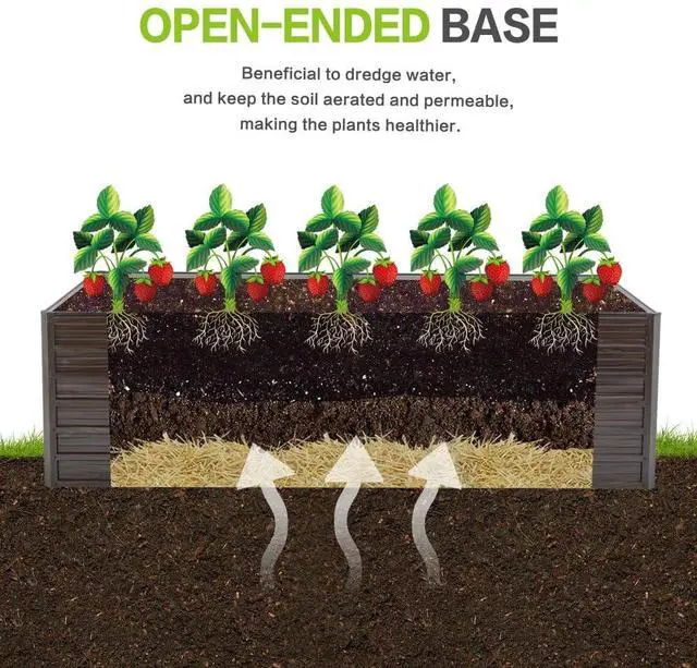 Alt view image 4 of 7 - Raised Garden Bed Kit with Open-Ended Base and 4 Reinforcing Rods for Park, Outdoor Metal Elevated Planter Box with Rustproof Steel Frame and Safety Edging for Flowers (8x4x2FT+Walnut)