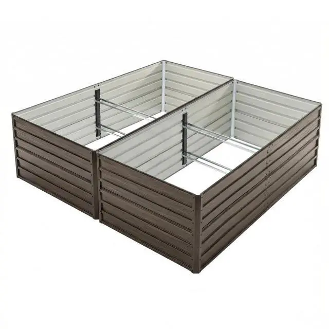 Alt view image 3 of 7 - Raised Garden Bed Kit with Open-Ended Base and 4 Reinforcing Rods for Park, Outdoor Metal Elevated Planter Box with Rustproof Steel Frame and Safety Edging for Flowers (2PCS:8x4x2FT+Walnut)