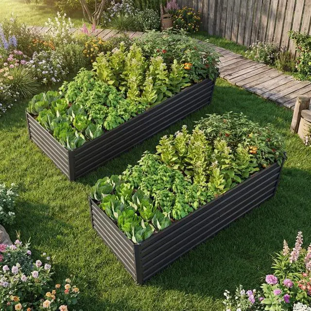 Main image of Raised Garden Bed Kit with Open-Ended Base and 4 Reinforcing Rods for Park, Outdoor Metal Elevated Planter Box with Rustproof Steel Frame and Safety Edging for Flowers (2PCS:8x4x2FT+Black)