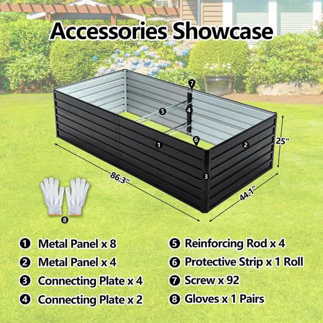 Alt view image 7 of 7 - Raised Garden Bed Kit with Open-Ended Base and 4 Reinforcing Rods for Park, Outdoor Metal Elevated Planter Box with Rustproof Steel Frame and Safety Edging for Flowers (2PCS:8x4x2FT+Black)