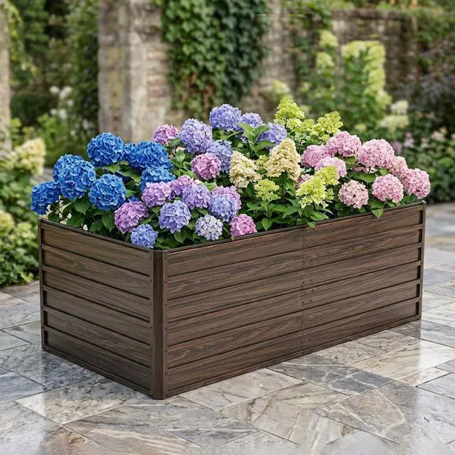 Main image of Raised Garden Bed Kit with Open-Ended Base and 4 Reinforcing Rods for Park, Outdoor Metal Elevated Planter Box with Rustproof Steel Frame and Safety Edging for Flowers (6x3x2FT+Walnut)