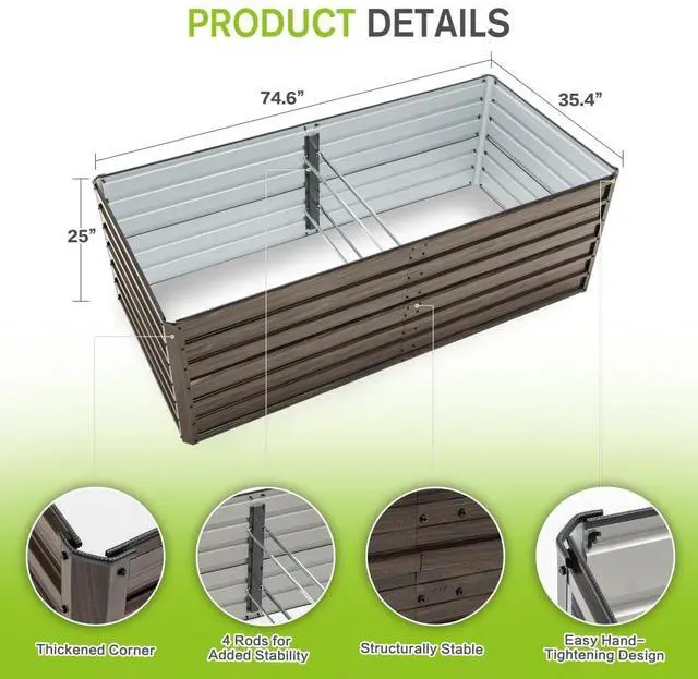 Alt view image 2 of 7 - Raised Garden Bed Kit with Open-Ended Base and 4 Reinforcing Rods for Park, Outdoor Metal Elevated Planter Box with Rustproof Steel Frame and Safety Edging for Flowers (6x3x2FT+Walnut)