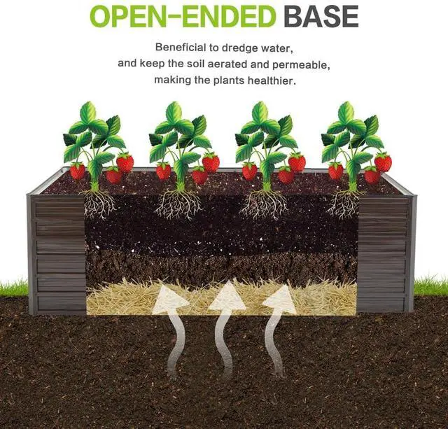 Alt view image 4 of 7 - Raised Garden Bed Kit with Open-Ended Base and 4 Reinforcing Rods for Park, Outdoor Metal Elevated Planter Box with Rustproof Steel Frame and Safety Edging for Flowers (6x3x2FT+Walnut)