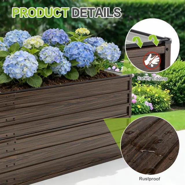 Alt view image 5 of 7 - Raised Garden Bed Kit with Open-Ended Base and 4 Reinforcing Rods for Park, Outdoor Metal Elevated Planter Box with Rustproof Steel Frame and Safety Edging for Flowers (6x3x2FT+Walnut)