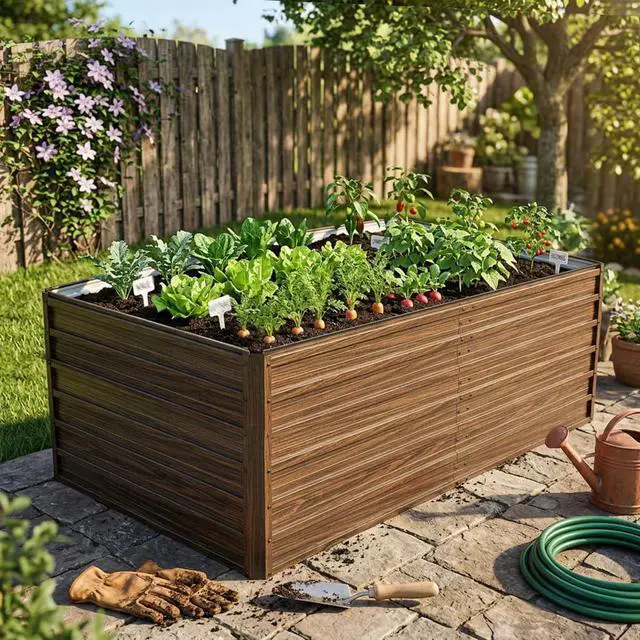 Alt view image 7 of 7 - Raised Garden Bed Kit with Open-Ended Base and 4 Reinforcing Rods for Park, Outdoor Metal Elevated Planter Box with Rustproof Steel Frame and Safety Edging for Flowers (6x3x2FT+Walnut)