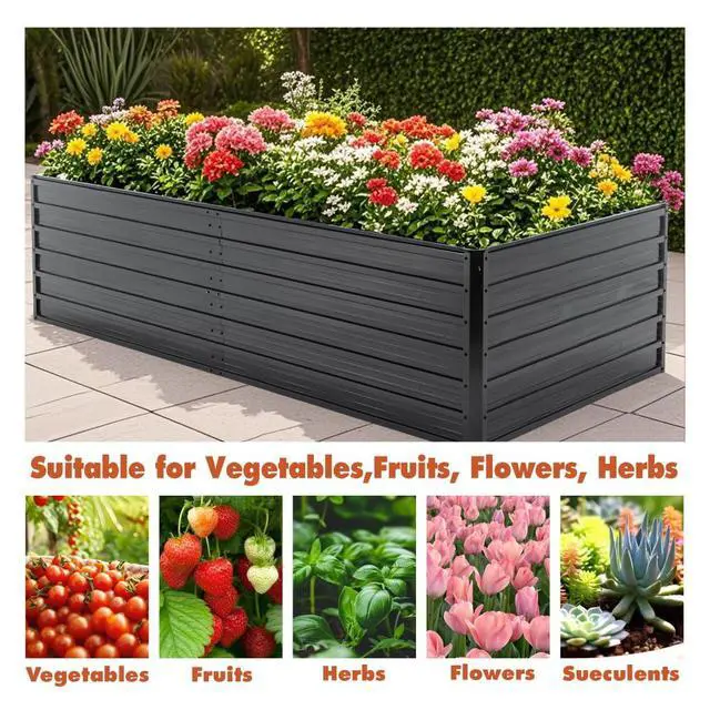 Alt view image 5 of 7 - Raised Garden Bed Kit with Open-Ended Base and 4 Reinforcing Rods for Park, Outdoor Metal Elevated Planter Box with Rustproof Steel Frame and Safety Edging for Flowers (8x4x2FT+Black)