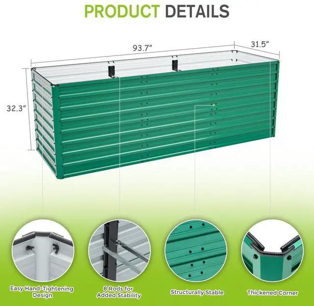 Alt view image 2 of 7 - Raised Garden Bed Kit with Open-Ended Base and 4 Reinforcing Rods for Park, Outdoor Metal Elevated Planter Box with Rustproof Steel Frame and Safety Edging for Flowers (2PCS:7.6x2.6x2.7FT+Green)