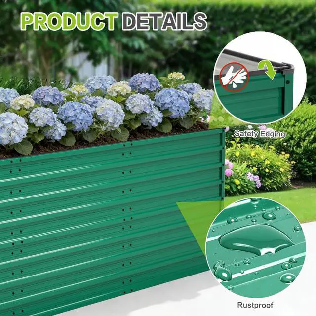 Alt view image 5 of 7 - Raised Garden Bed Kit with Open-Ended Base and 4 Reinforcing Rods for Park, Outdoor Metal Elevated Planter Box with Rustproof Steel Frame and Safety Edging for Flowers (2PCS:7.6x2.6x2.7FT+Green)