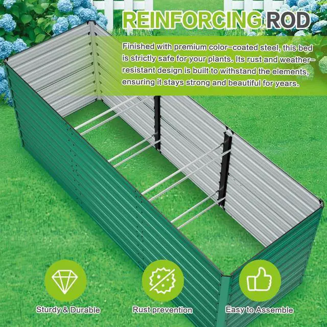 Alt view image 6 of 7 - Raised Garden Bed Kit with Open-Ended Base and 4 Reinforcing Rods for Park, Outdoor Metal Elevated Planter Box with Rustproof Steel Frame and Safety Edging for Flowers (2PCS:7.6x2.6x2.7FT+Green)